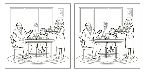 Grandparents are drinking tea with their grandson. Find 10 differences. Educational coloring book is a game for children. Black and white vector line art illustration