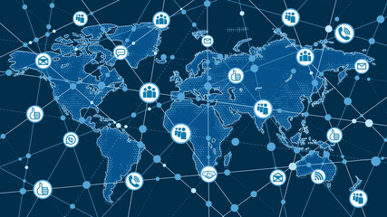Vector background. Dark blue map of planet Earth with social icons. Global Internet. Technology and telecommunications. Countries and continents. Mobile communication and social networks.