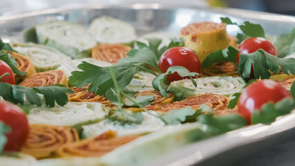 Catering banquet table with snack canape in restaurant or hotel