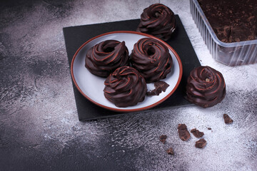 Homemade Marshmallows. Natural apple dessert Zephyr in chocolate. 