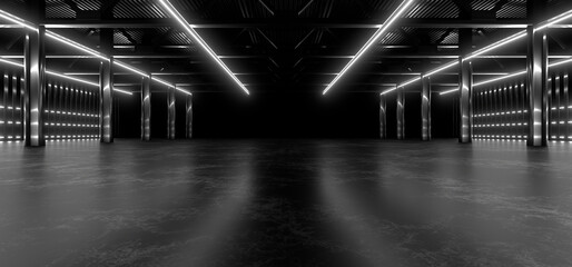 A dark hall lit by white neon lights. Reflections on the floor and walls. 3d rendering image.
