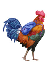 Hand-drawn illustration of Rooster with a backpack. Colorful Bird. 