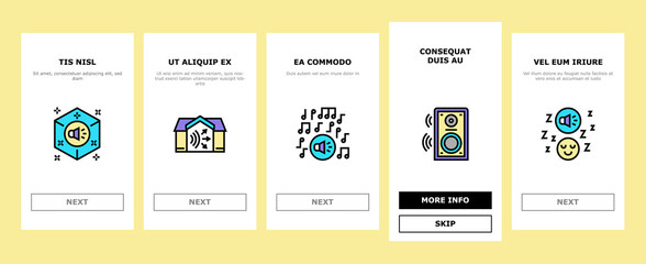 White Noise Hearing Onboarding Mobile App Page Screen Vector. Speaker Dynamic And Audio Card, Relaxation And Music For Sleep, Rain Noise And Sound Illustrations