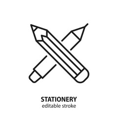 Stationery line icon. Vector sign of graphic design and creativity. Pen and pencil symbol. Education pictogram. School tools. Editable stroke.