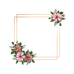 Gold frame with watercolor pressed and dried flower on white background