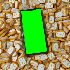 Mail icons around the smartphone with keyable green screen
