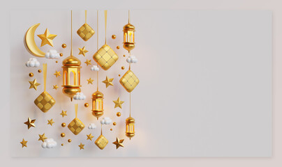 Eid Al Fitr Landing Page Template With 3D Rendering Of Ketupat, Lantern, Crescent, Star, And Cloud Composition