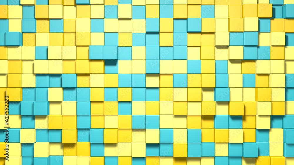 Poster yellow blue small box cube random geometric background. abstract square pixel mosaic illustration. l