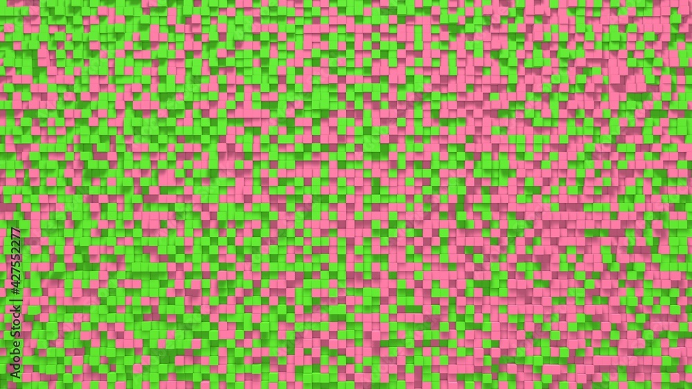 Poster pink green small box cube random geometric background. abstract square pixel mosaic illustration. la