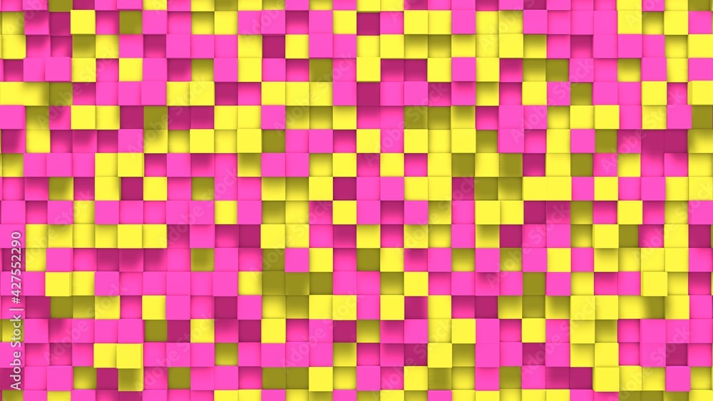 Poster yellow pink small box cube random geometric background. abstract square pixel mosaic illustration. l