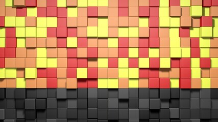 3D Abstract cubes. Video game geometric mosaic waves pattern. Construction of hills landscape using black and red yellow blocks