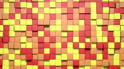 Red and yellow small box cube random geometric background. Abstract square pixel mosaic illustration. Land block background. Fantasy fractal design. Digital art. 3D rendering