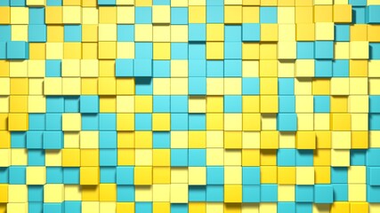 Yellow blue small box cube random geometric background. Abstract square pixel mosaic illustration. Land block background. Fantasy fractal design. Digital art. 3D rendering