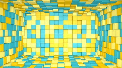 Abstract room interior with blue yellow cubes. Box cube random geometric background. Square pixel mosaic background. Land blocks. Mock-up for your design project. 3d rendering