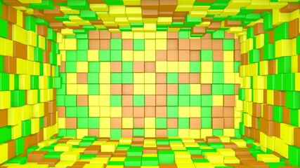 Abstract room interior with green, yellow and brown cubes. Box cube random geometric background. Square pixel mosaic background. Land blocks. Mock-up for your design project. 3d rendering