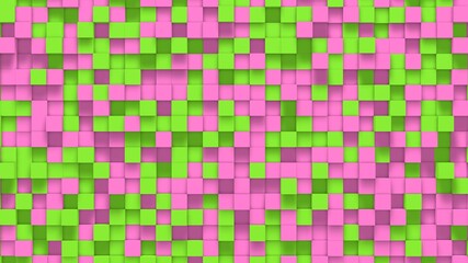 Pink green small box cube random geometric background. Abstract square pixel mosaic illustration. Land block background. Fantasy fractal design. Digital art. 3D rendering