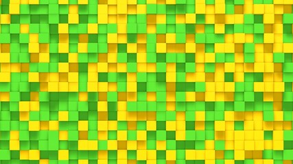 Yellow green small box cube random geometric background. Abstract square pixel mosaic illustration. Land block background. Fantasy fractal design. Digital art. 3D rendering