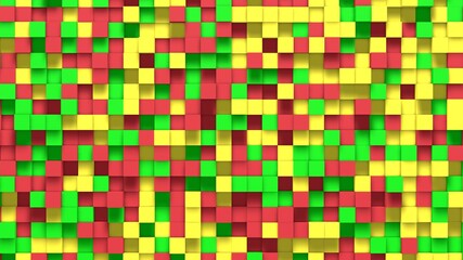 Green red yellow small box cube random geometric background. Abstract square pixel mosaic illustration. Land block background. Fantasy fractal design. Digital art. 3D rendering