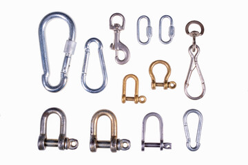 Metal shackles and slings used on a sailboat. Accessories for joining ropes in sailing.