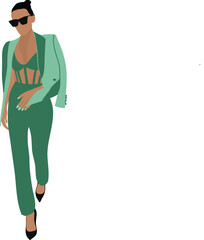 Woman Blogger in fashion suit walking