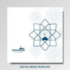 Beautiful Ramadan Kareem social media template with Mosque, and blue and white Paper cut style. Perfect for greeting card, banner, media social post, wallpaper. vector illustration