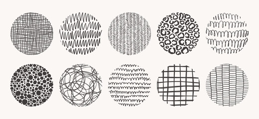 Set of circle hand drawn patterns. Vector textures made with ink, pencil, brush. Geometric doodle shapes of spots, dots, circles, strokes, stripes, lines. Template for social media, posters, prints.