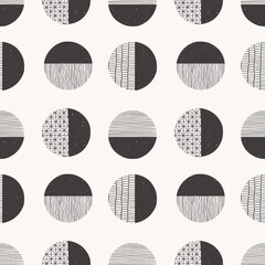Vector monochrome seamless hand drawn pattern made with ink, pencil, brush. Geometric doodle shapes of spots, dots, strokes, stripes, lines. Template for social media, posters, prints.
