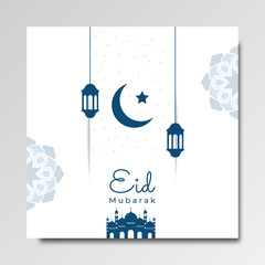 Beautiful Ramadan Kareem social media template with Mosque, and blue and white Paper cut style. Perfect for greeting card, banner, media social post, wallpaper. vector illustration