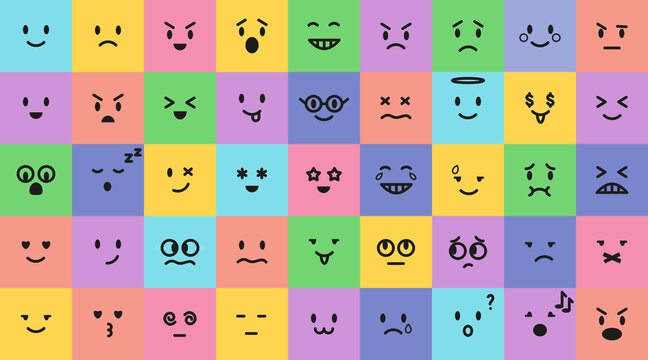 Cartoon color squares emoji set. Vector colors emoticon collection isolated on white. World emoji day. Mood and facial smiles. Funny, angry, happy and sad faces web icons for message.