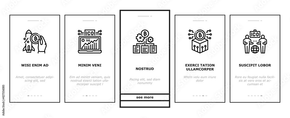 Poster ico initial coin offer onboarding mobile app page screen vector. ico platform and successful start, 