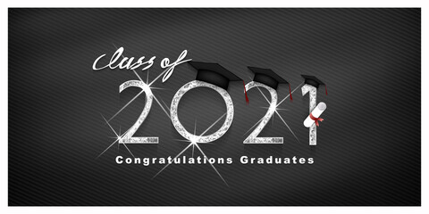 Silver design for graduation. Class of 2021. Congratulation event, T-shirt, logo, party, high school or college graduate. Lettering for greeting, invitation card invitation etc. Vector illustration