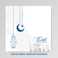 Beautiful Social Media Post Template of Ramadan Kareem mosque with crescent moon and star ornament, white and blue color. Perfect for banner, invitations, flyer, greeting cards, and more.