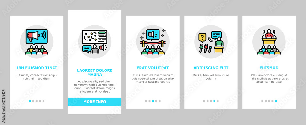 Poster pr public relations onboarding mobile app page screen vector. pr strategy and events, interview and 