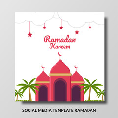 Ramadan Kareem flat design with Mosque, stars, moon, cloud, pink, white and green color . Perfect for greeting card, banner, postcard, social media post, wallpaper and more.