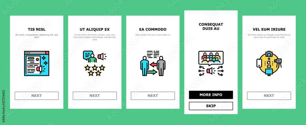 Poster pr public relations onboarding mobile app page screen vector. pr strategy and events, interview and 