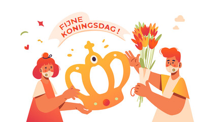 Fijne Koningsdag! Happy King's Day in dutch language. Holiday in the Netherlands. Celebration the birth of King on 27 april. Man and woman hold orange crown and tulips. Wear face mask. Isolated, flat.