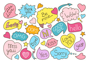 Speech bubble comic doodle set. Pop art design elements dialog clouds with text, sketch love banner. Speech thought blobs icon comics book. Hand drawn cartoon vector illustration. Blank apps, website