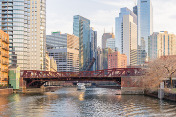 Panoramic Image of Grand Avenue's Drawbridge Taken from the Chicago River with the Chicago Skyline in the Background.