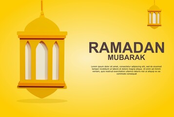 Elegant ramadan mubarak greeting card with glowing 3d lanterns on gold background, ramadan and eid al adha posters, banners, greeting cards, brochures, 3d background renderings