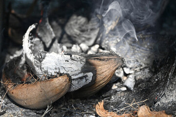 A traditional bonfire method that burning of coconut shells for cooking a smoke scented food recipe.