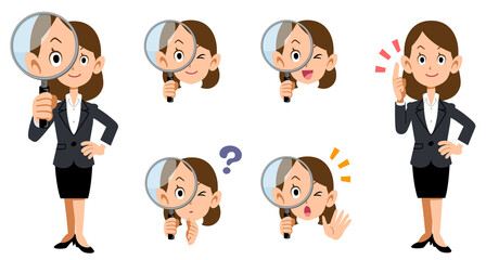 虫眼鏡で調査する眼鏡をかけたビジネスレディの全身と表情のセット
