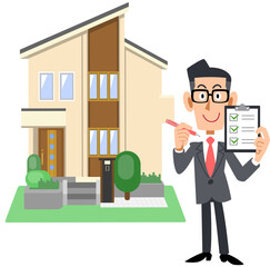 チェックリストを見せるスーツ姿の男性と住宅

