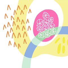 Vector abstract background with yellow, pink, green and blue shapes with graphic elements. Vector stylish abstract texture.