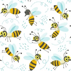 Vector seamless pattern of cute little busy bees.