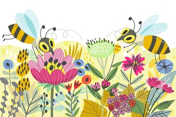 Vector seamless pattern of cute little busy bees.