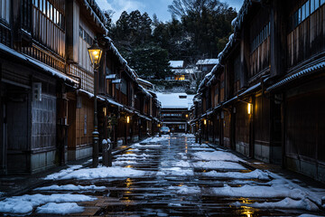 金沢・ひがし茶屋街の雪の朝