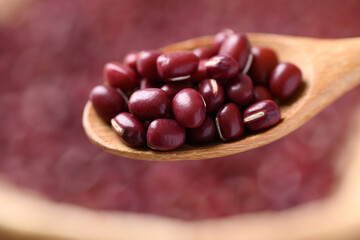 Azuki beans or red mung beans in a wooden spoon, Food ingredients in many Chinese dishes and filling in Japanese sweet