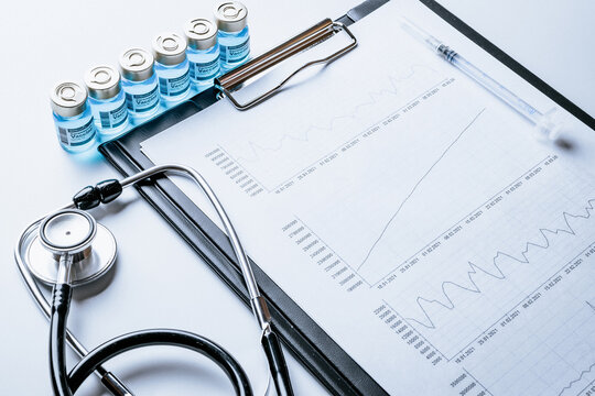 Graphic charts. Healthcare medical infographic, doctor health stethoscope and analysis vaccination statistics on hospital background. Research data economy spreadsheet and business company concept.