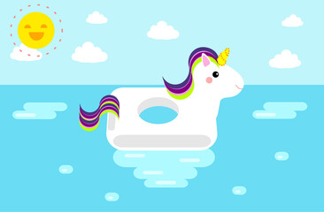Trendy unicorn floaty with a happy smiling sun card or illustration for children. Vector