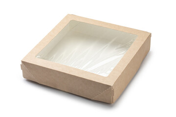 Empty kraft cardboard box with transparent window isolated on white background.